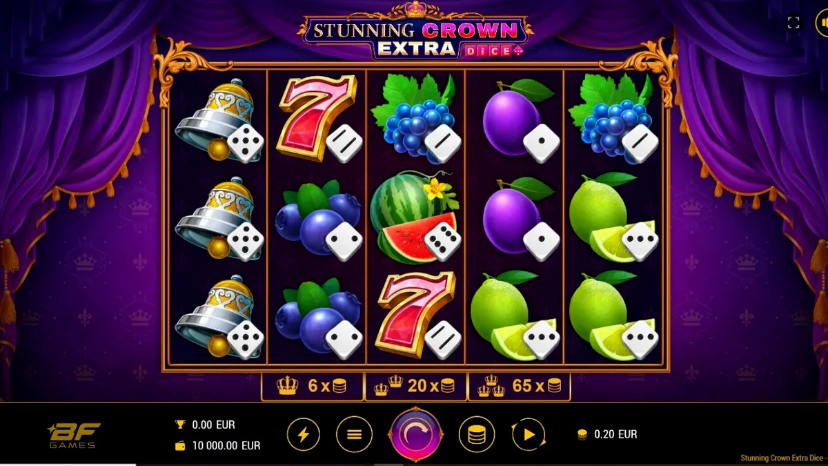 Interface do slot Stunning Crown Extra Dice com coroas e joias brilhantes