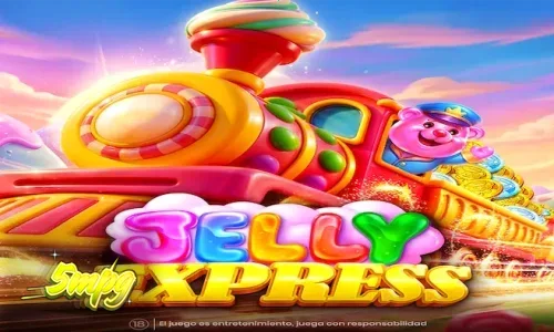 O trem temático de doces percorrendo uma paisagem de fantasia em Jelly Express